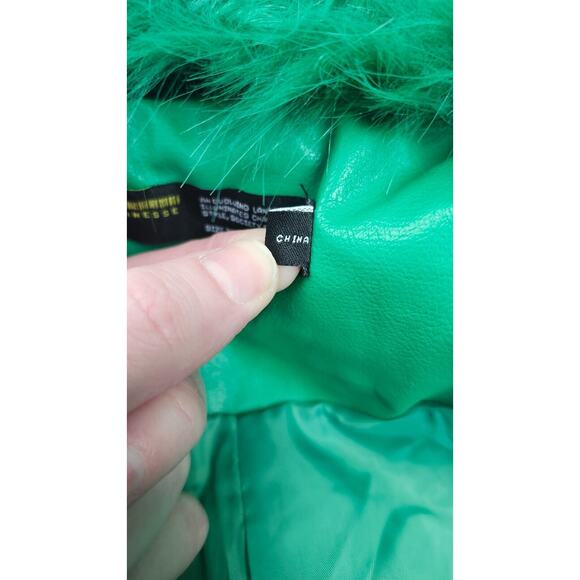 Finesse Bright Green Faux Fur Collar Trim Trench Coat XS S - Picture 6 of 10
